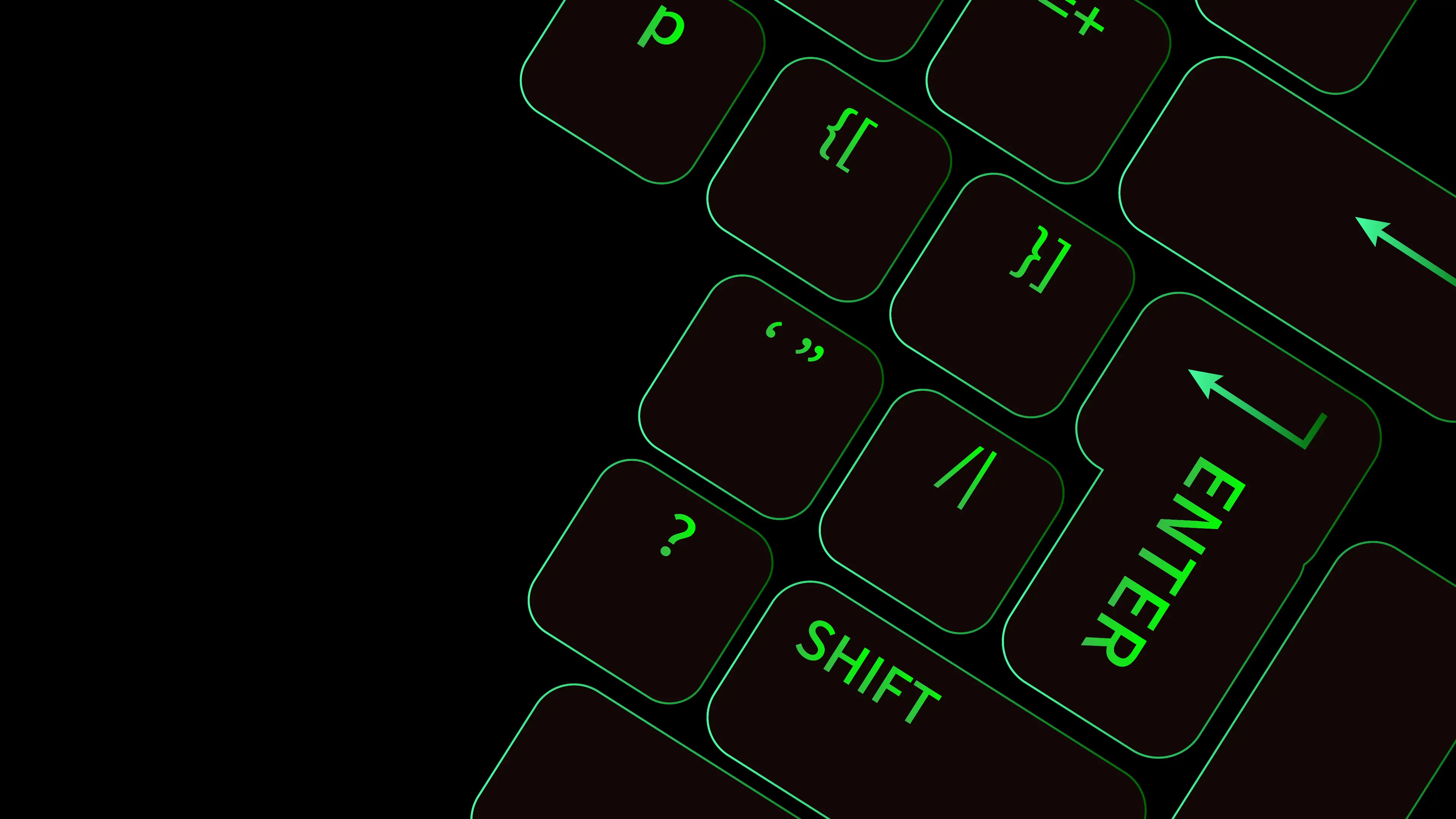 검은 배경에 네온 초록색 윤곽선으로 그려진 키보드 자판 이미지
